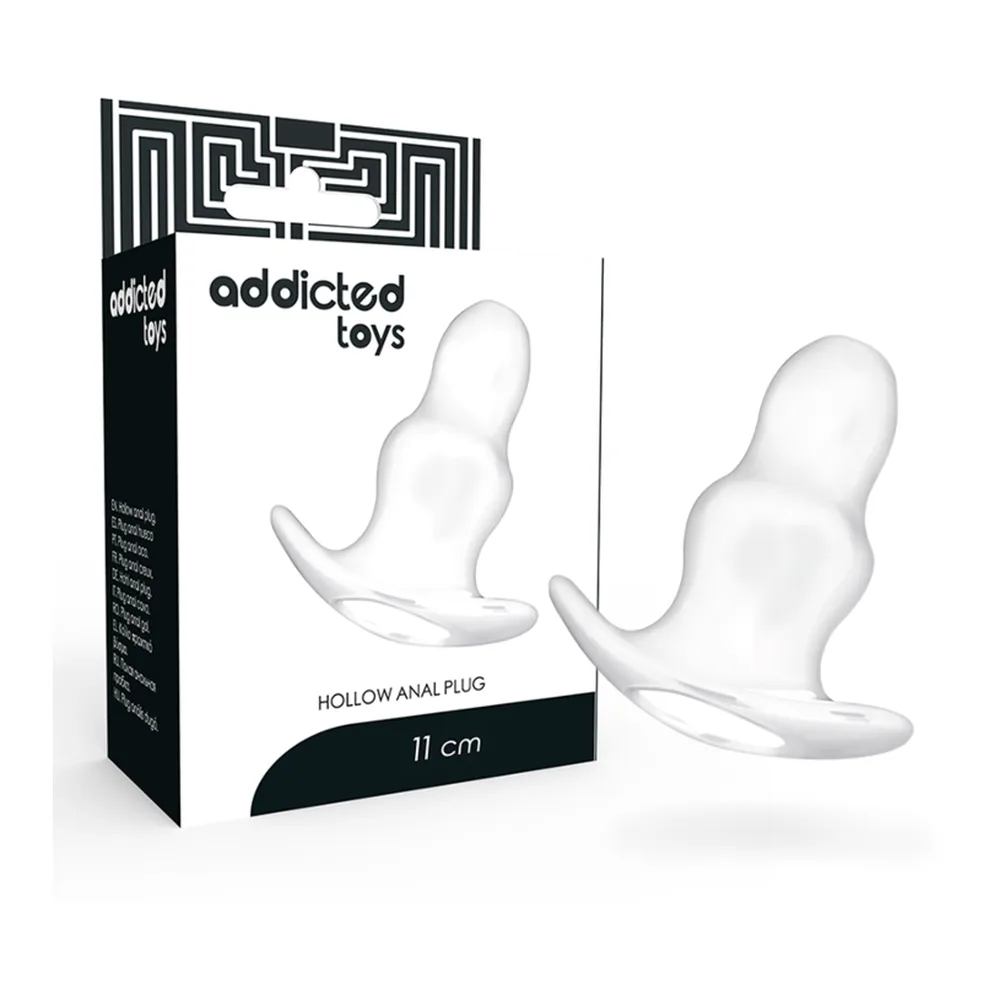 Emballage noir et blanc d'un dilatateur anal de taille moyenne, avec motifs géométriques, descriptions multilingues et pictogrammes montrant la forme du produit