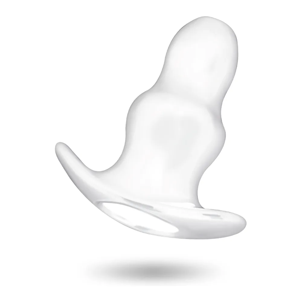 Grand plug anal blanc en silicone avec base évasée, surface lisse et brillante, forme ergonomique élargissée, présenté sur fond blanc