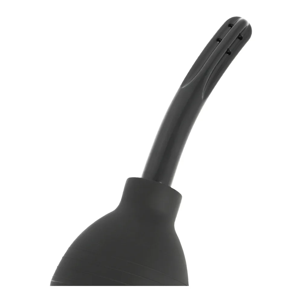 Poire de douche anale en latex noir avec canule fine et effilée dotée de quatre sorties, séparée du corps pour le nettoyage