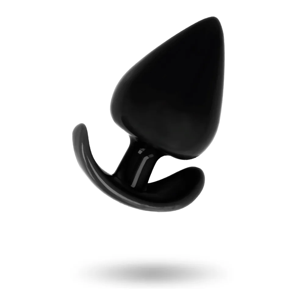 Bouchon anal noir en silicone de forme conique avec col étroit et base évasée, affiché avec son emballage Addicted Toys indiquant 6,5 cm