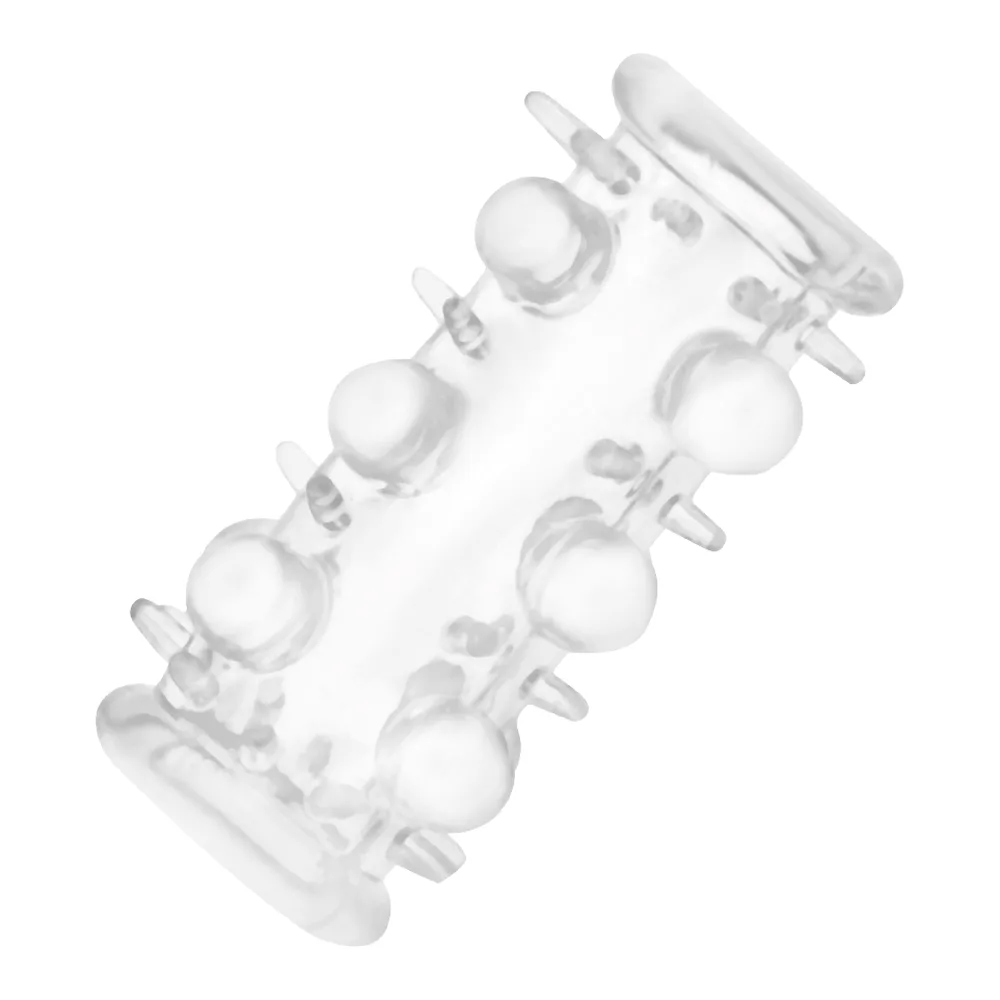 Manchon pénis transparent en silicone avec anneaux superposés hérissés de perles saillantes et anneau de retrait à l'extrémité