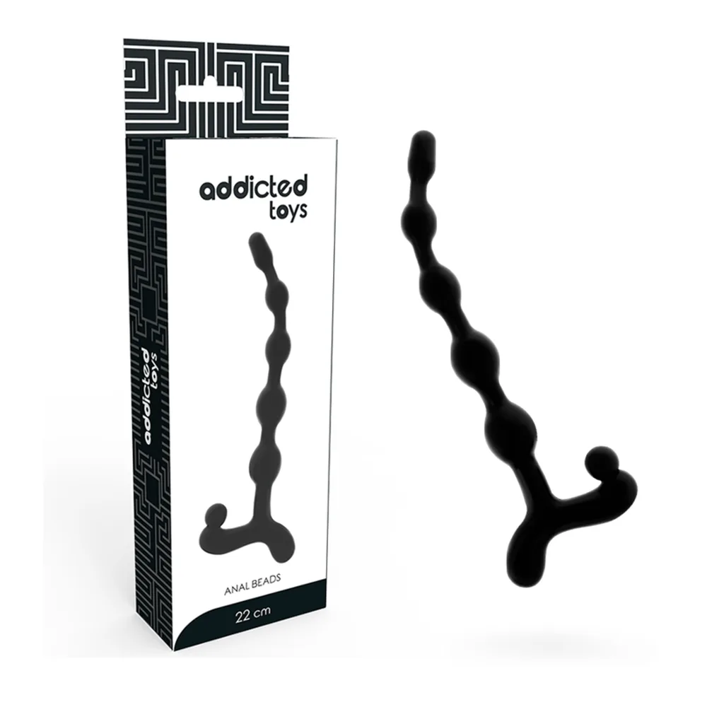 Perle anale noire en silicone avec cinq billes graduées et terminaison en T, sur fond blanc