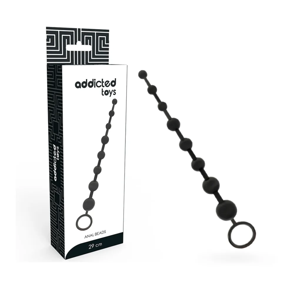 Chaîne de billes anales noire avec anneau, composée de deux sphères graduées reliées par une tige flexible, terminée par un anneau de retrait sur fond blanc