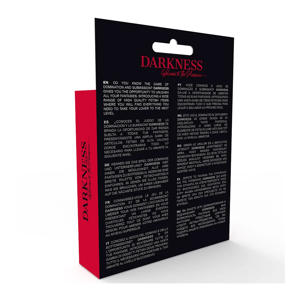 Emballage boîte de la culotte Darkness en enduit brillant noir et rouge, avec bande descriptive et textes multilingues sur fond blanc