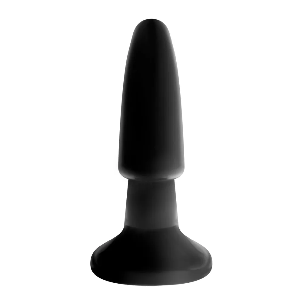 Emballage blanc et rouge de la marque Darkness avec culotte noire en cuir PU, plug anal à ventouse et gode interchangeable en silicone noir