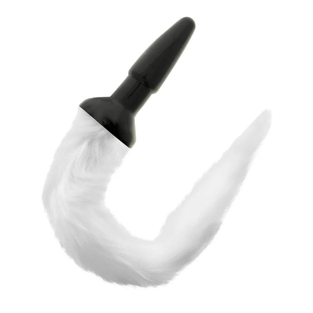 Emballage et plug anal en silicone noir avec queue blanche synthétique souple, présenté de face sur fond blanc