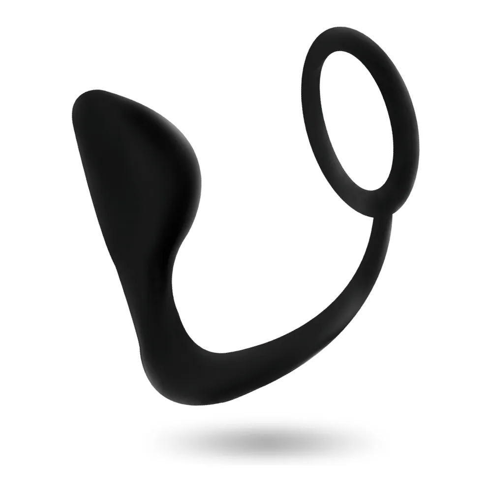 Plug anal noir avec anneau pénien intégré, en silicone, design ergonomique incurvé sur fond blanc