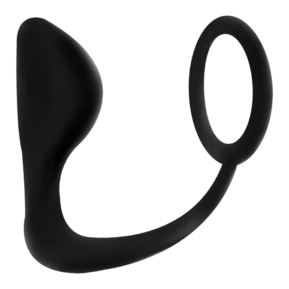 Plug anal noir avec anneau pénien intégré, en silicone, design ergonomique incurvé sur fond blanc