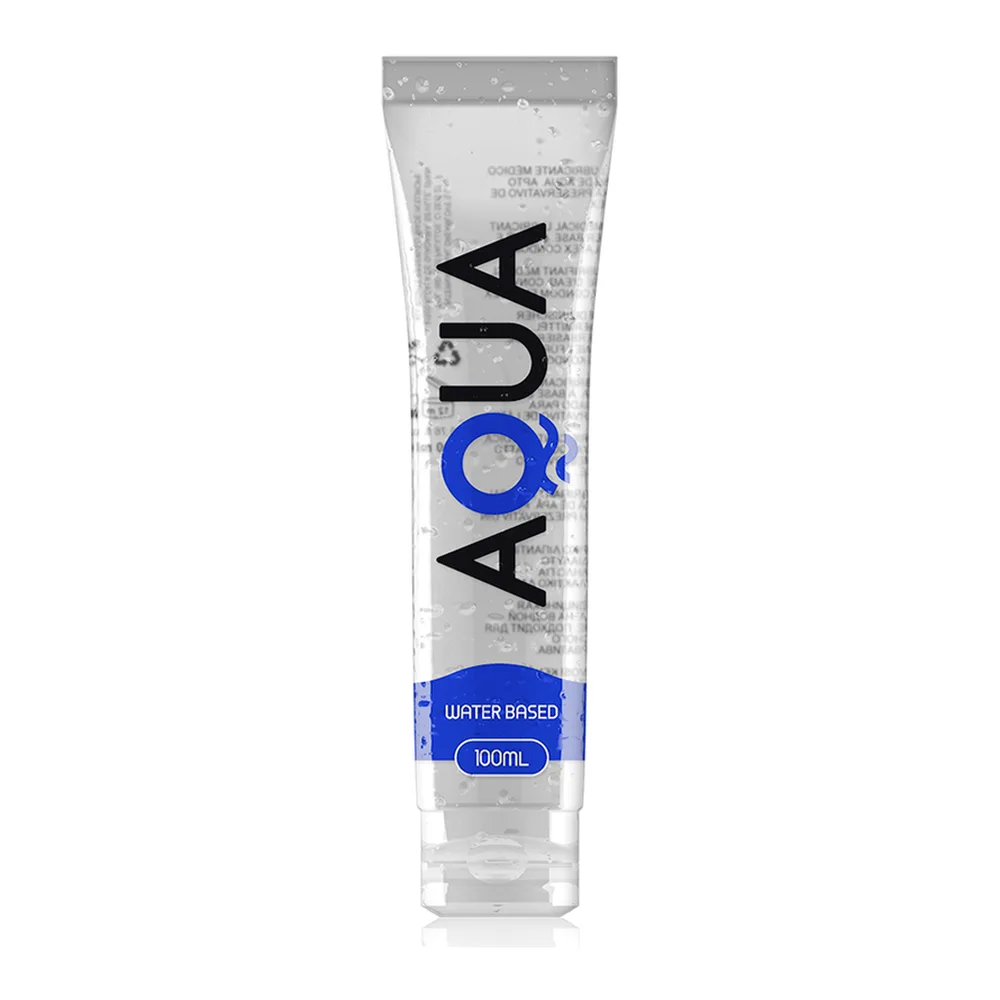 Tube de lubrifiant Aqua Quality de 100 ml, transparent avec bandes grises et bleues, logo Aqua en noir et bleu, mentions « water based » et « 100ml » en bas