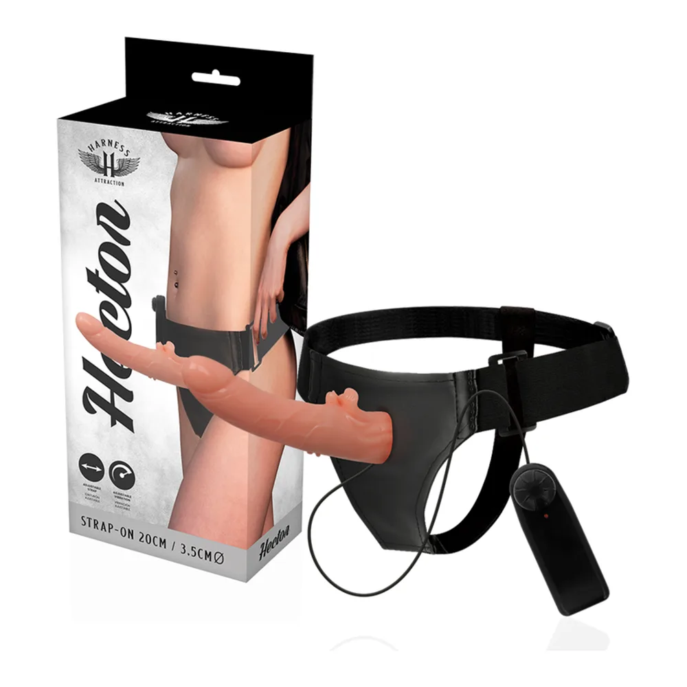 Harnais noir avec gode amovible couleur chair de 20cm, ceinture et télécommande filaire, présenté avec son emballage