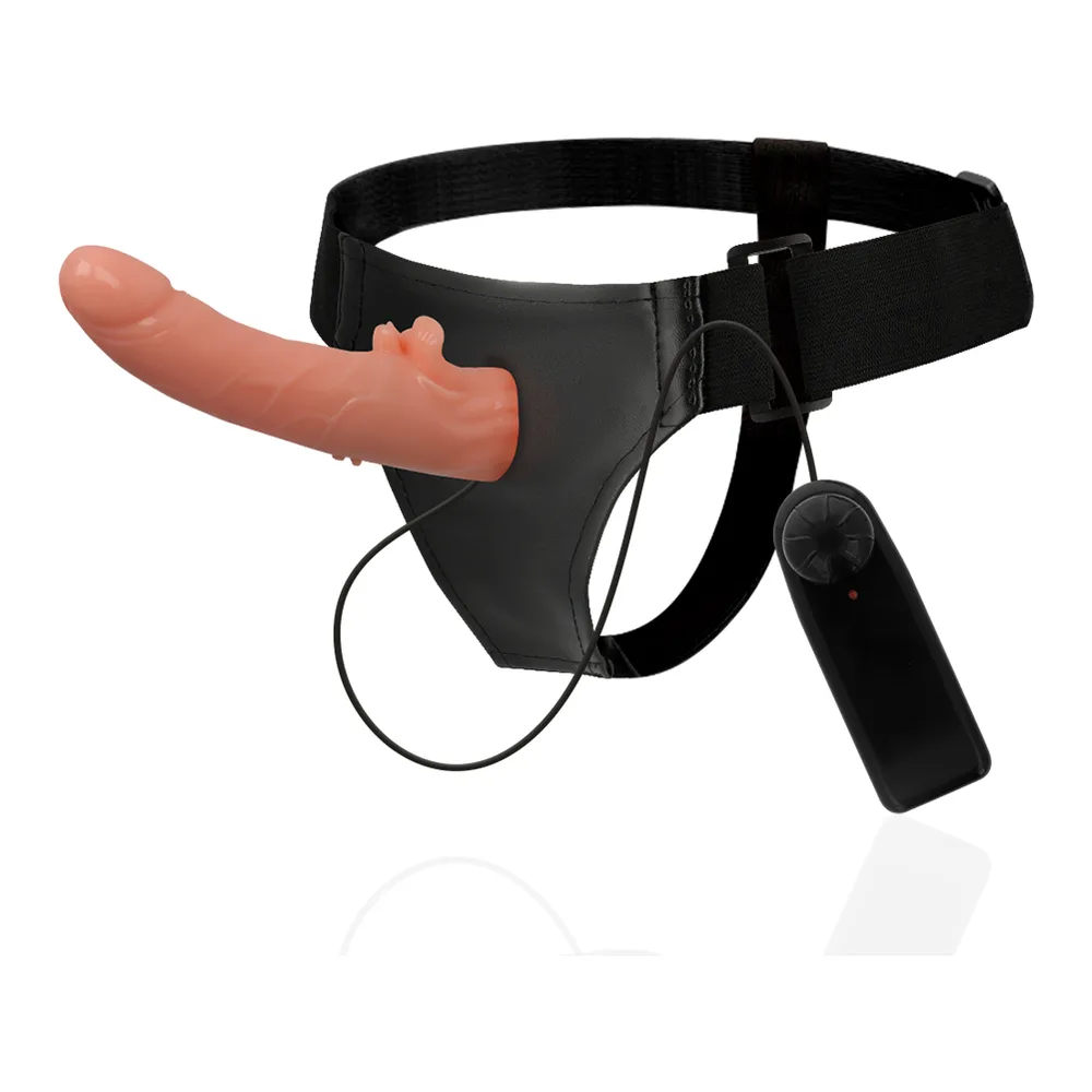 Harnais noir avec gode amovible couleur chair de 20cm, ceinture et télécommande filaire, présenté avec son emballage
