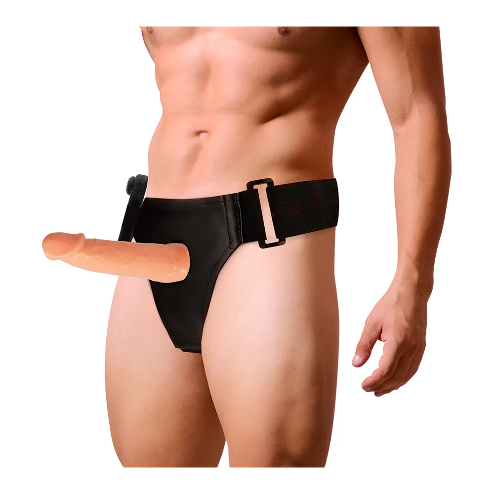 Gode-ceinture noir avec harnais ajustable en néoprène, élément creux chair de 17 cm, boucles de fixation, porté sur fond blanc