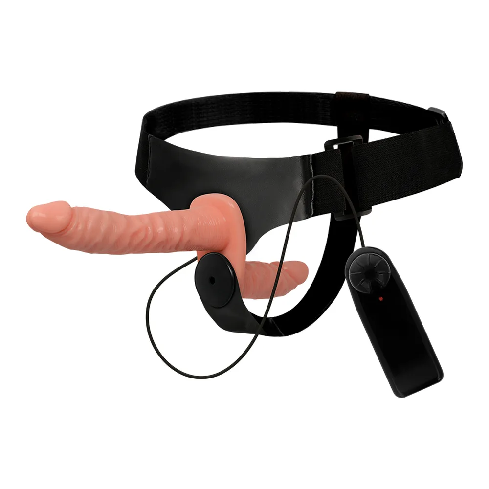 Harnais double pénétration en cuir vegan noir avec ceinture élastique ajustable, équipé de deux godemiches coniques noirs positionnés face à face