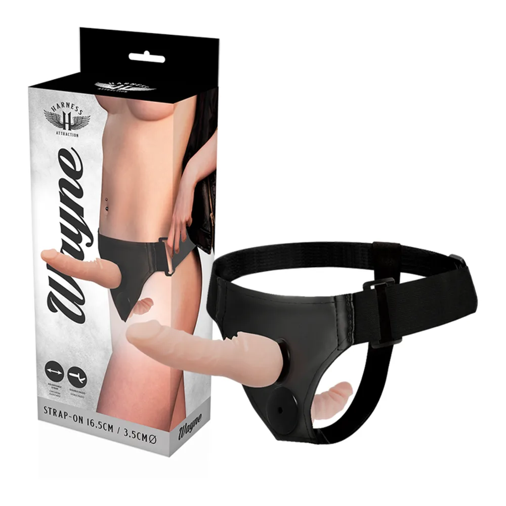 Harnais noir en cuir vegan avec deux godes cylindriques chair : l'un interne pour la pénétration de la porteuse, l'autre externe dirigé vers l'avant, sur fond blanc