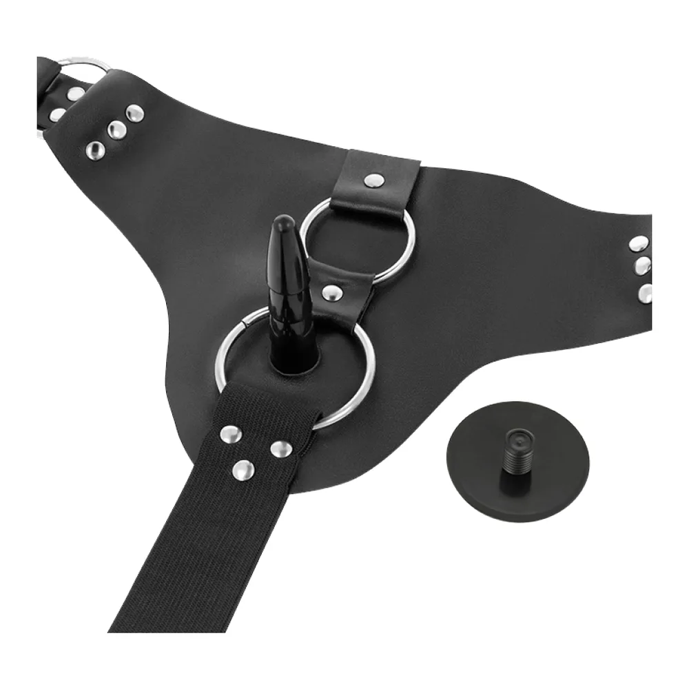 Harnais noir en cuir vegan avec deux godes détachables de tailles différentes, l'un de taille standard et l'autre plus imposant, fixés par des anneaux métalliques