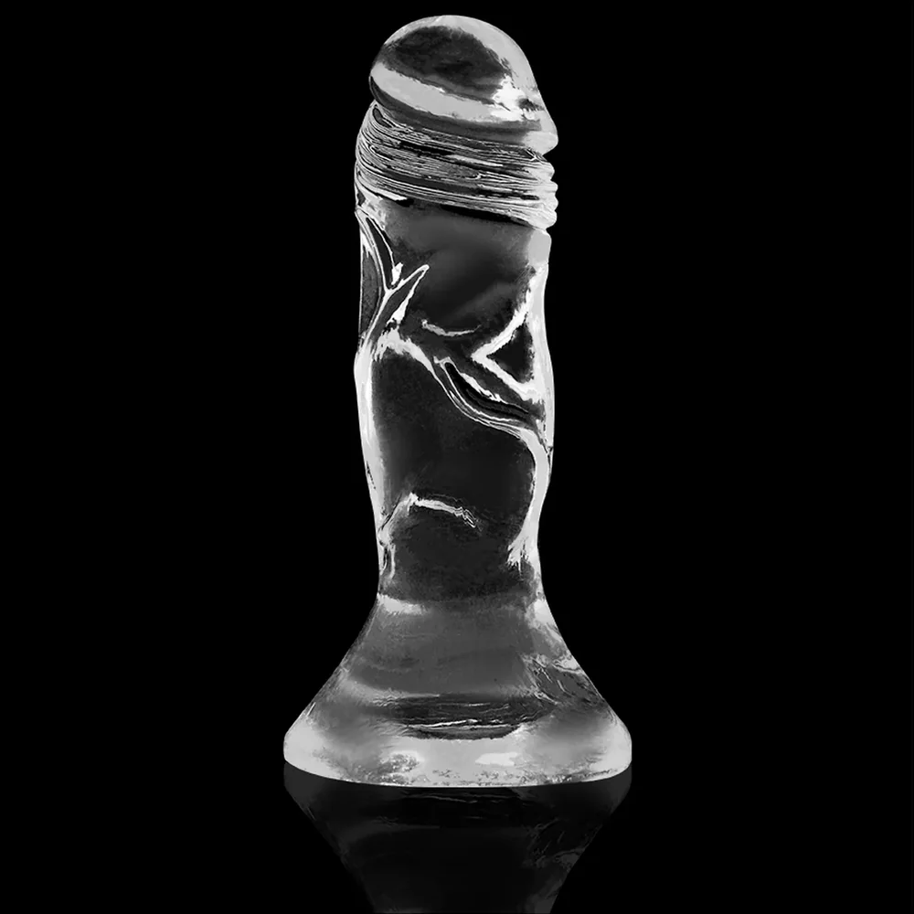 Gode réaliste transparent avec schéma de dimensions : 12 cm de hauteur totale, 10 cm insertable, 2,6 cm de diamètre, présenté à côté d'une canette pour comparaison d'échelle