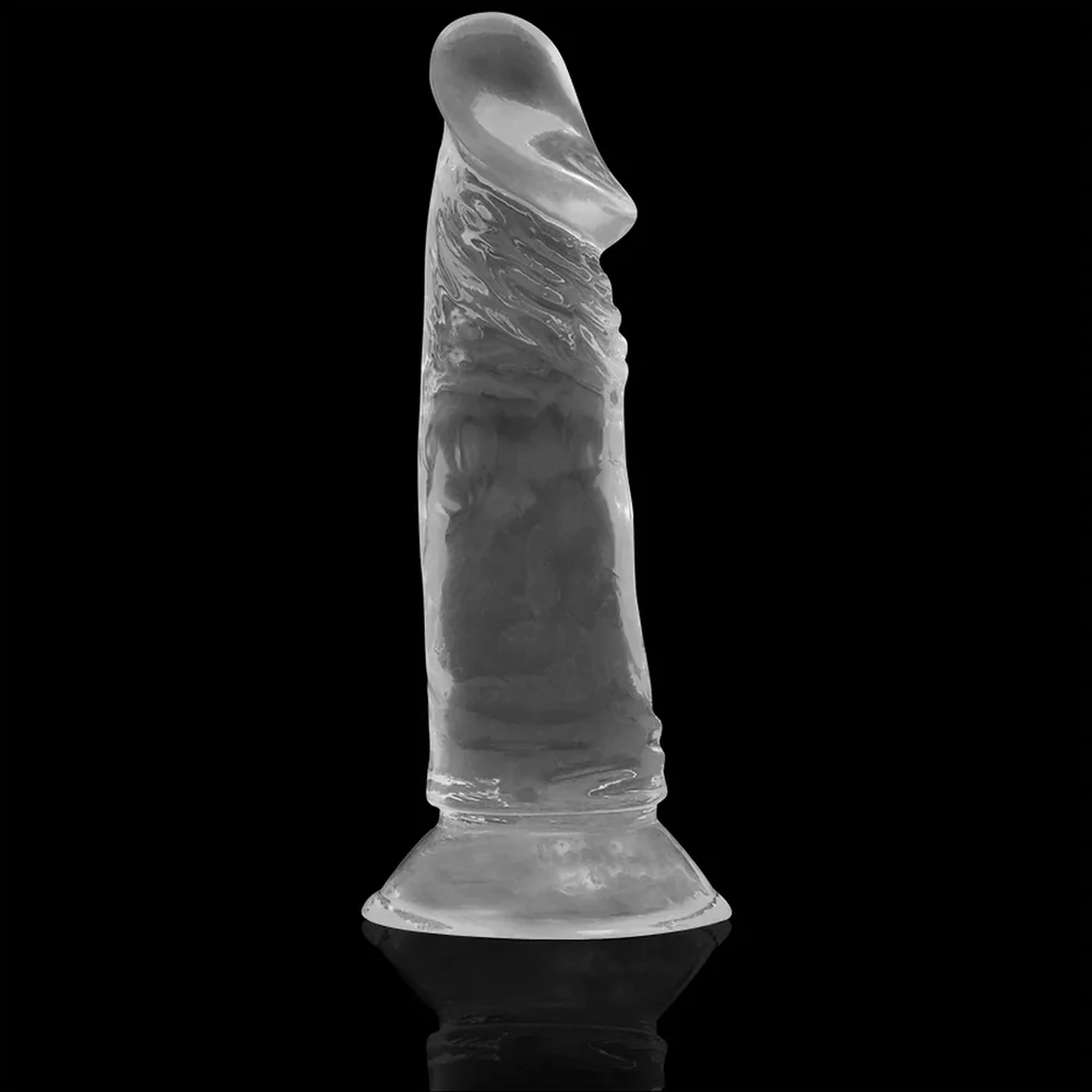 Gode transparent en verre avec gland évasé et ventouse à la base, présenté aux côtés d'une canette de référence pour échelle de taille, schéma dimensionnel indiquant 16,5 cm de hauteur totale et 4 cm de diamètre