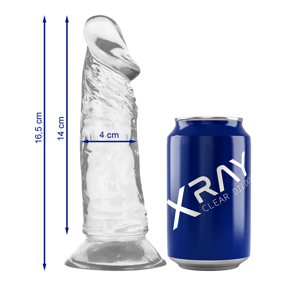 Gode transparent en verre avec gland évasé et ventouse à la base, présenté aux côtés d'une canette de référence pour échelle de taille, schéma dimensionnel indiquant 16,5 cm de hauteur totale et 4 cm de diamètre