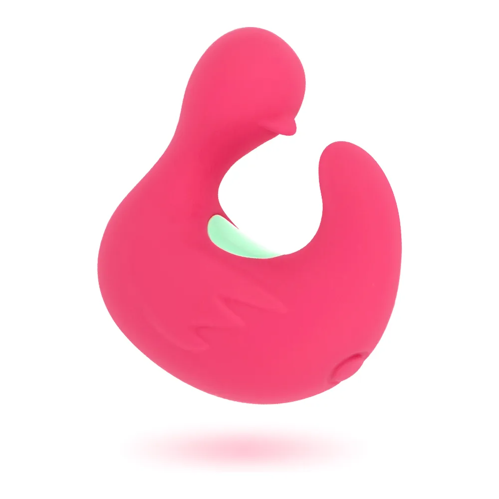 Emballage du stimulateur Ducky rose néon, montrant le produit en silicone courbé, avec inscriptions USB rechargeable et 11 modes de vibration sur le carton aux motifs géométriques turquoise et rose