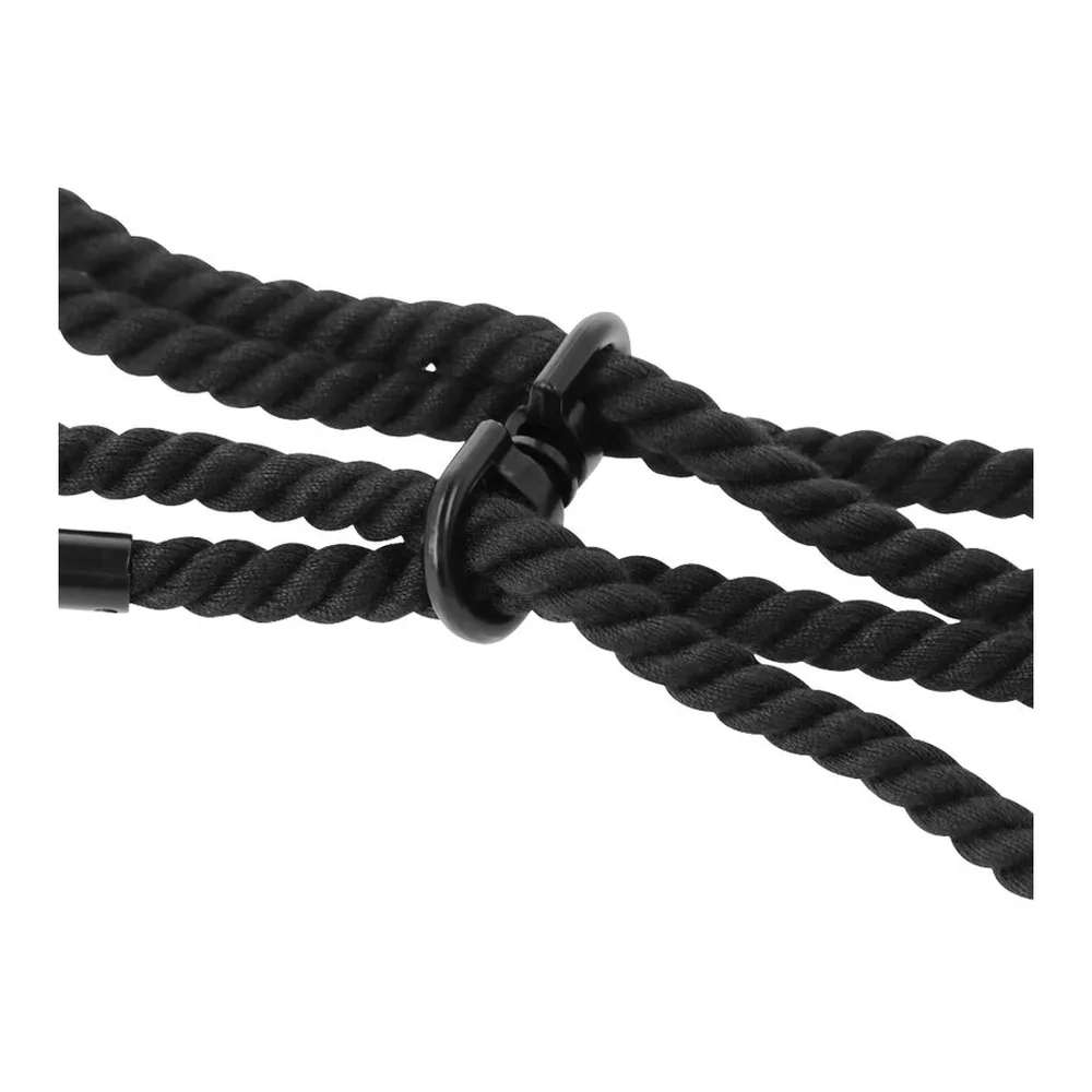 Menottes en corde noire tressée avec deux boucles ajustables reliées par un anneau métallique gris, sur fond blanc