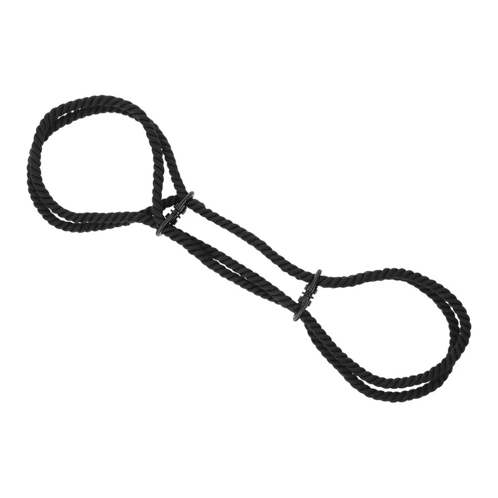 Menottes en corde noire tressée avec deux boucles ajustables reliées par un anneau métallique gris, sur fond blanc
