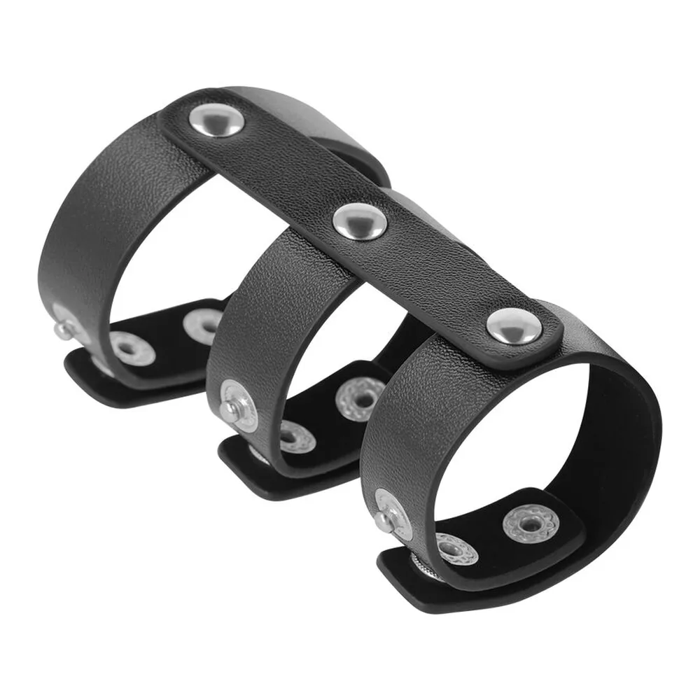 Double anneau en cuir synthétique noir avec boucles de réglage, trois anneaux de maintien visibles en métal, présenté sur mannequin