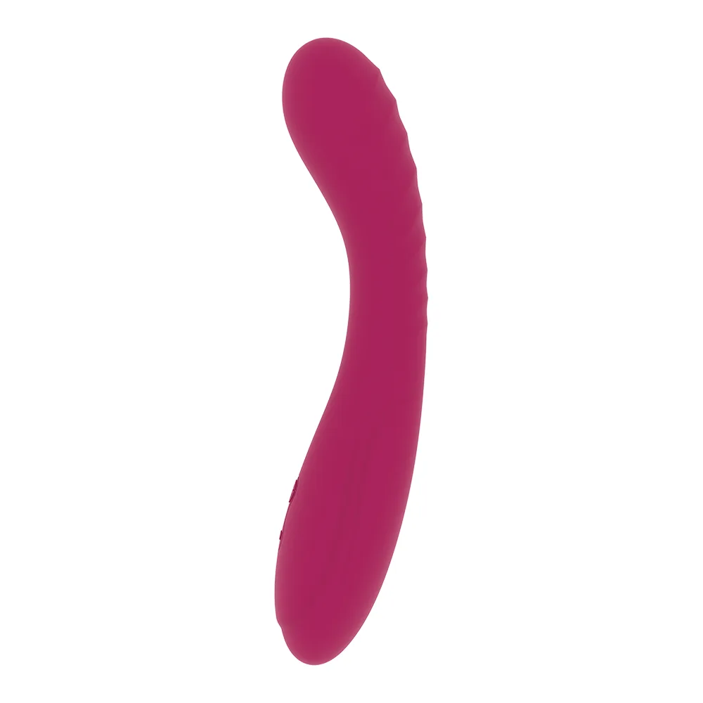 Emballage et stimulateur Kriya rechargeable en silicone rose fuchsia, tige courbée et épaisse, boîte mauve avec motifs géométriques dorés