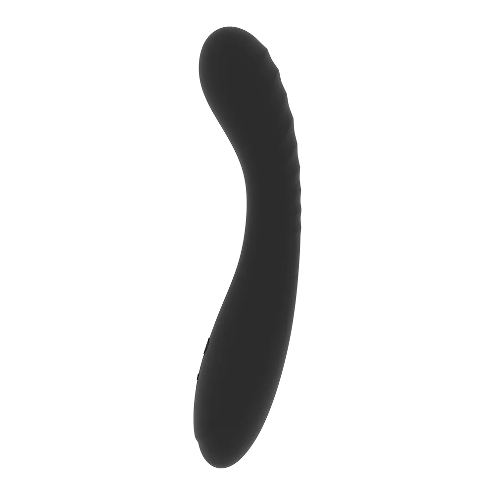 Emballage noir et rose poudré du stimulateur Kriya à côté du produit : vibromasseur en silicone noir, forme incurvée, surface mate, sur fond blanc