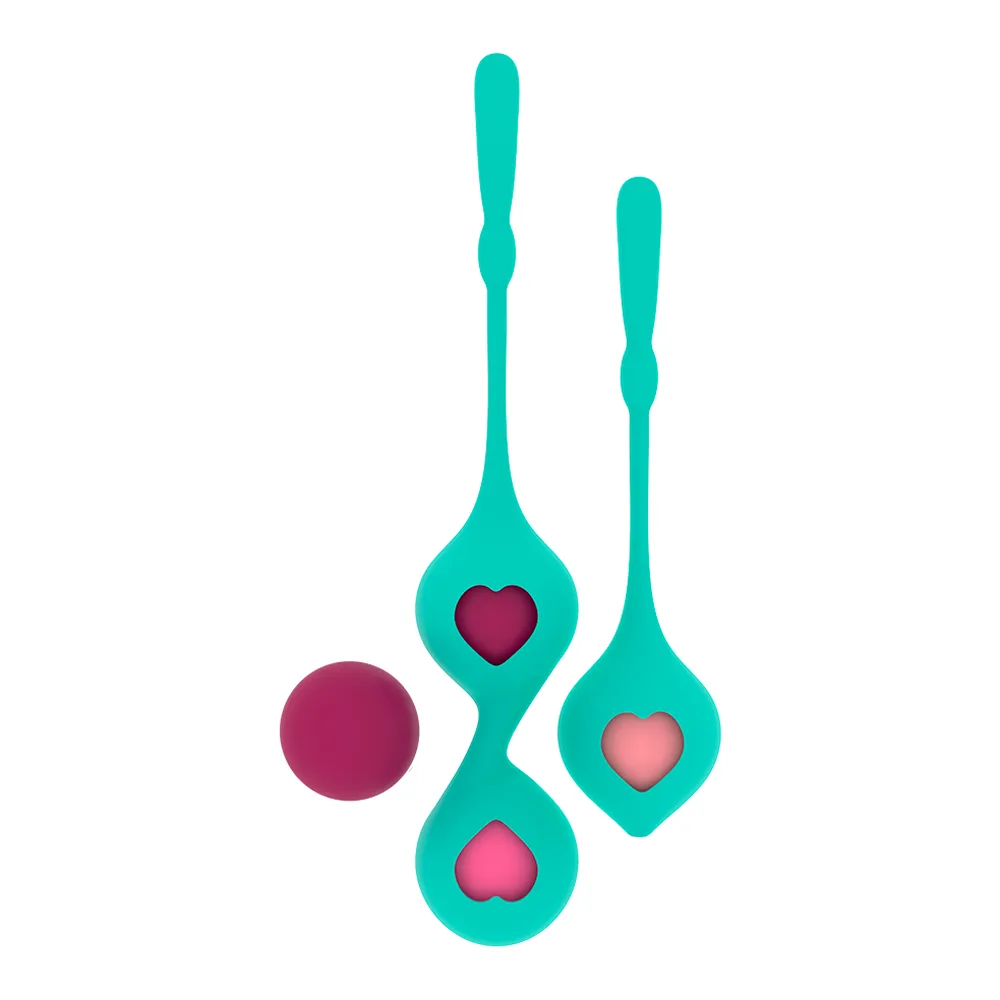 Emballage bleu et boules de Geisha turquoise Deva avec inserts rose foncé, ensemble de quatre billes lestées et support ajouré