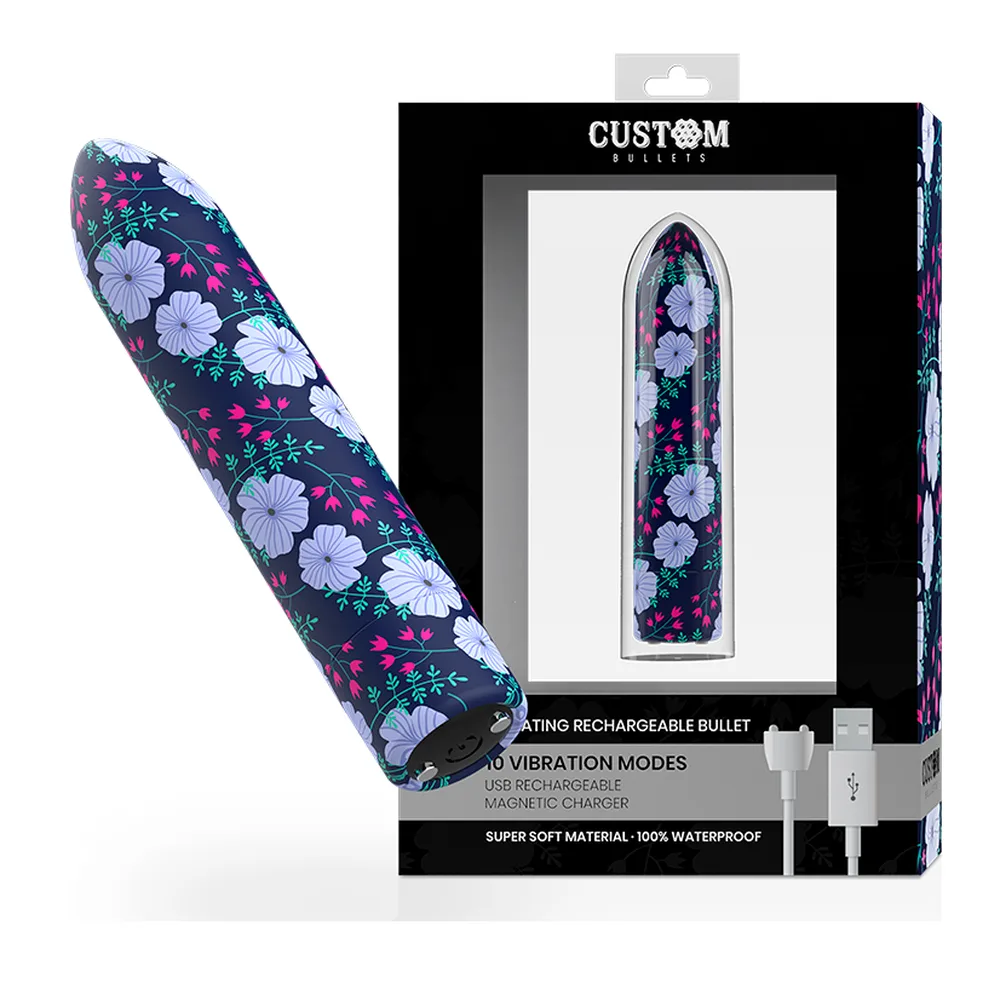 Stimulateur clitoridien rechargeable, silicone, motif floral bleu, autre vue 5