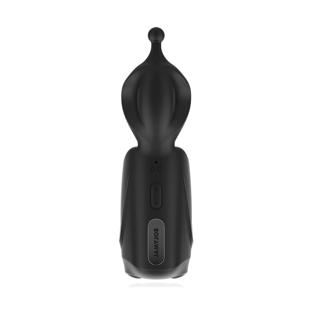Masturbateur noir en silicone avec tête amovible, corps cylindrique et bouton de contrôle, sur fond blanc