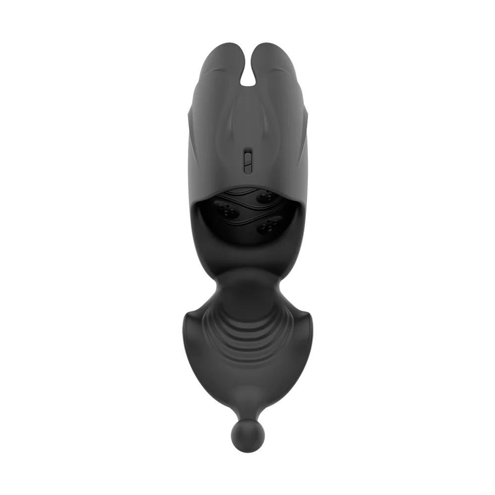 Masturbateur noir en silicone avec tête amovible, corps cylindrique et bouton de contrôle, sur fond blanc