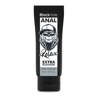 Tube noir de gel lubrifiant anal Black Hole Relax, 70 ml, à base d'eau, affichant un graphisme de singe casqué et mentions de dilatation supplémentaire