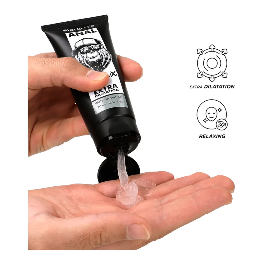 Tube noir de gel lubrifiant anal Black Hole Relax, 70 ml, à base d'eau, affichant un graphisme de singe casqué et mentions de dilatation supplémentaire
