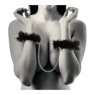 Menottes métal chromé avec garniture plumes noires, autre vue 2