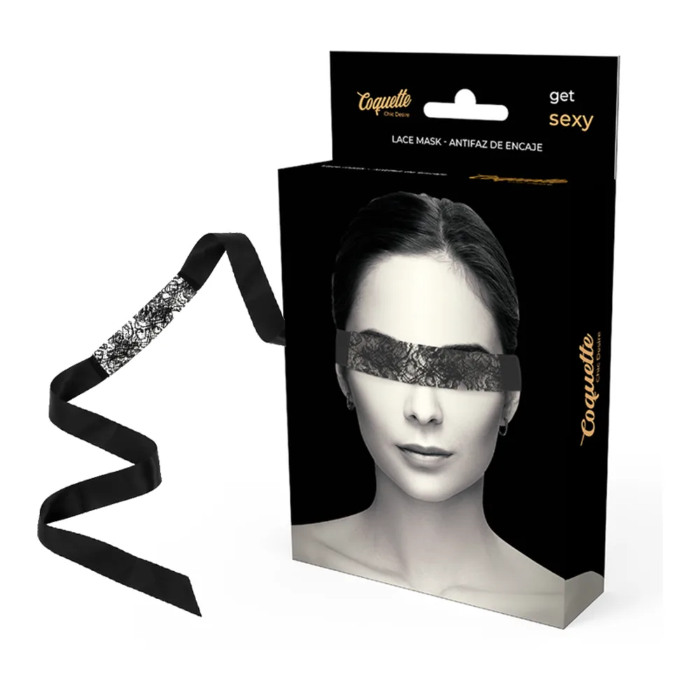 Masque en dentelle noire montée sur un ruban de satin noir, avec deux longs rubans noués sur le côté, sur fond blanc