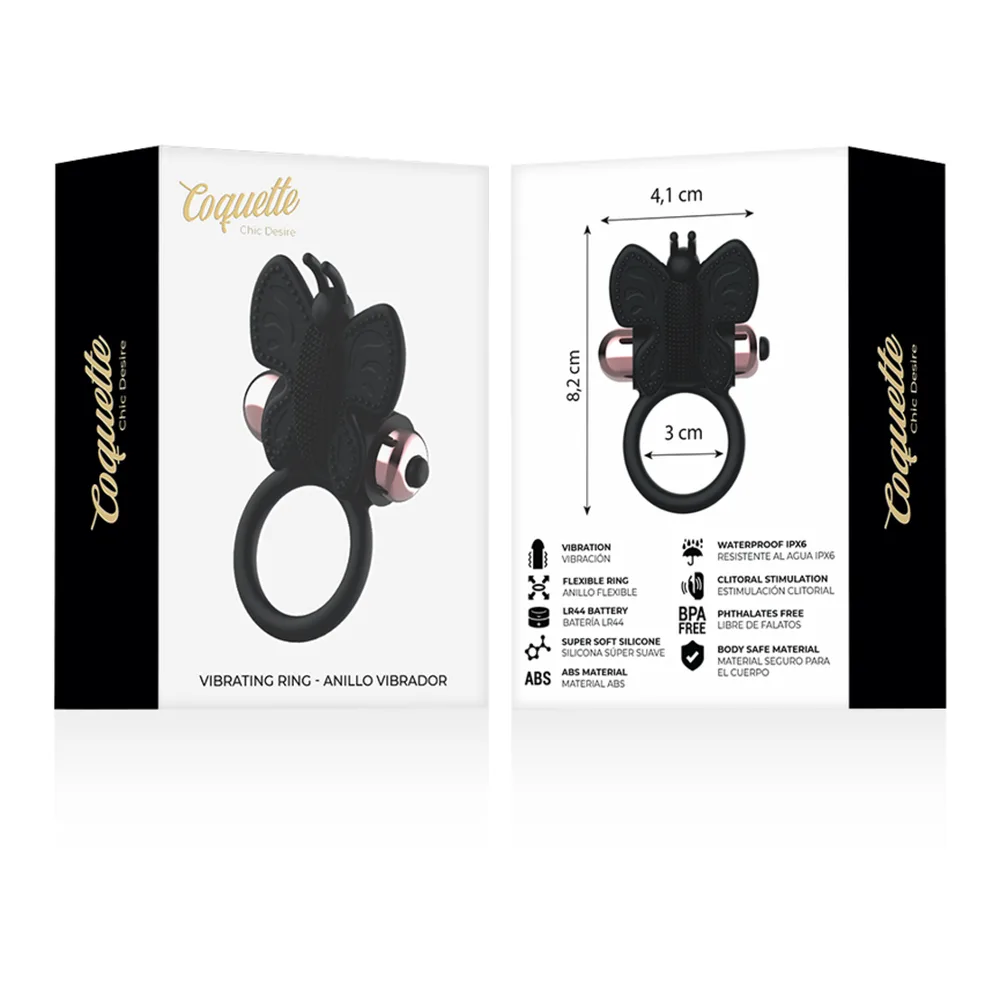 Cockring papillon en silicone noir avec anneau central rose poudré, manche noir, sur fond blanc