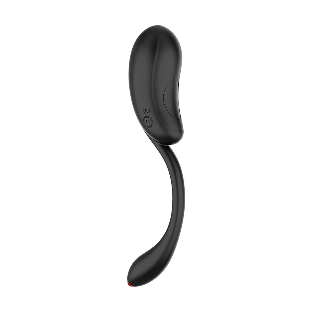 Œuf vibrant noir en silicone avec tige flexible et télécommande sans fil pourvue d'un bouton marche-arrêt sur fond blanc