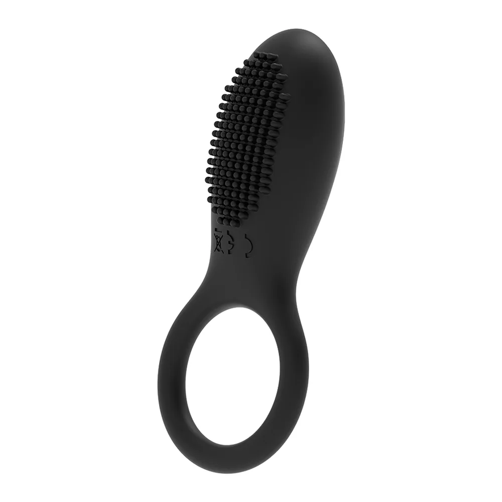Anneau vibrant noir en silicone avec tête de massage en relief, poignée ergonomique annelée et symboles de marquage sur le corps, sur fond blanc