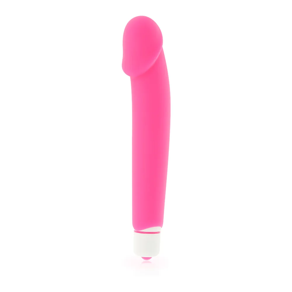 Vibromasseur en silicone rose vif avec fût incurvé lisse, embout arrondi, anneau blanc à la base, présenté avec son emballage blanc de la marque Dolce Vita indiquant 7 modes de vibration