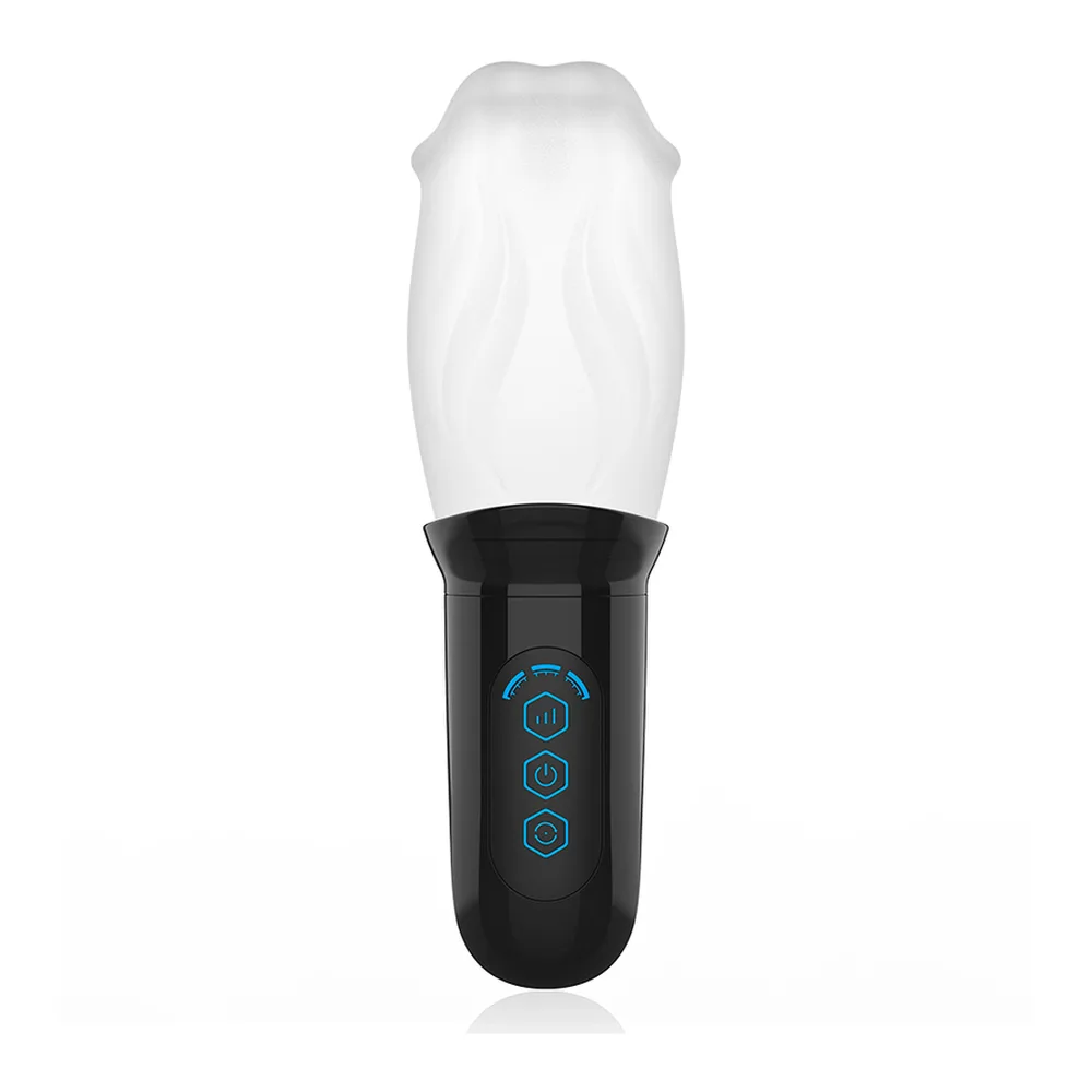Masturbateur automatique noir et blanc avec poignée ergonomique noire, boutons de contrôle bleus luminescents et sleeve blanche texturée, fond blanc