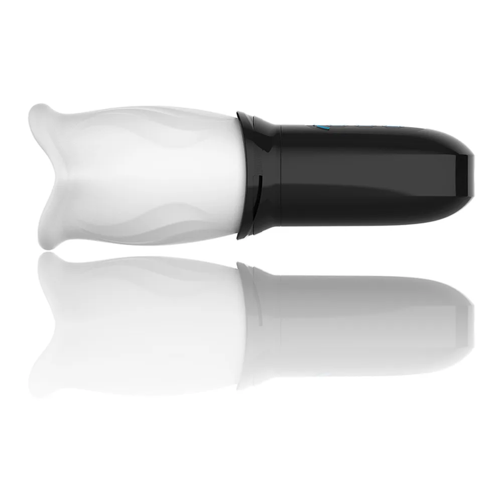 Masturbateur automatique noir et blanc avec poignée ergonomique noire, boutons de contrôle bleus luminescents et sleeve blanche texturée, fond blanc
