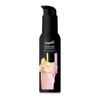 Flacon noir de lubrifiant Coquette Vegan Lubes Waterbased aromatisé Candylicious, avec étiquette rose et illustration de cocktail aux fleurs et glaçons