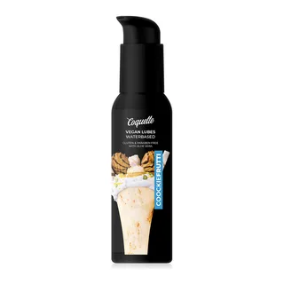 Flacon de lubrifiant vegan Coquelle à base d'eau, parfum Cookiefruit, avec pompe doseuse, présenté sur fond blanc avec illustrations de biscuits et fruits tropicaux