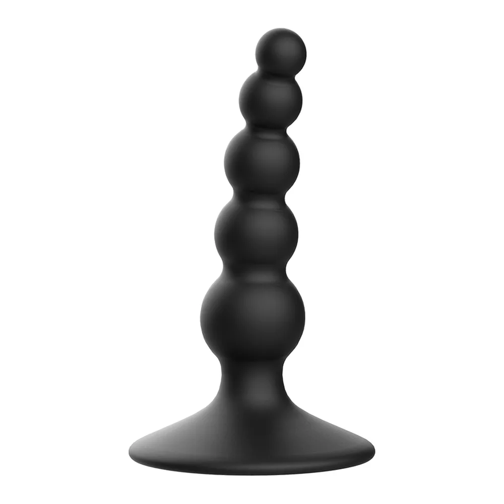 Plug anal en silicone noir mat avec cinq sphères progressives, base circulaire plate contre un fond blanc