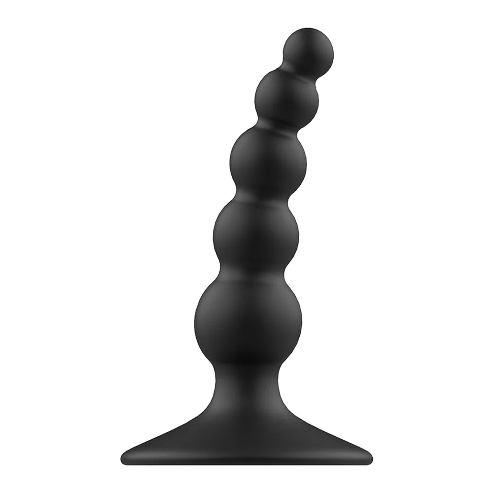 Plug anal en silicone noir mat avec cinq sphères progressives, base circulaire plate contre un fond blanc