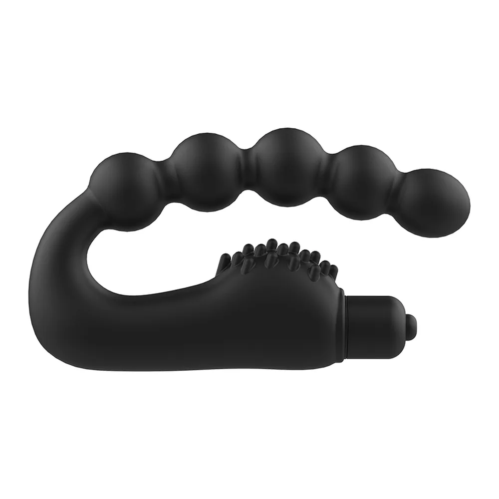 Masseur anal prostatique noir en silicone avec perles graduées en haut et bras texturé avec moteur vibrant en bas, sur fond blanc
