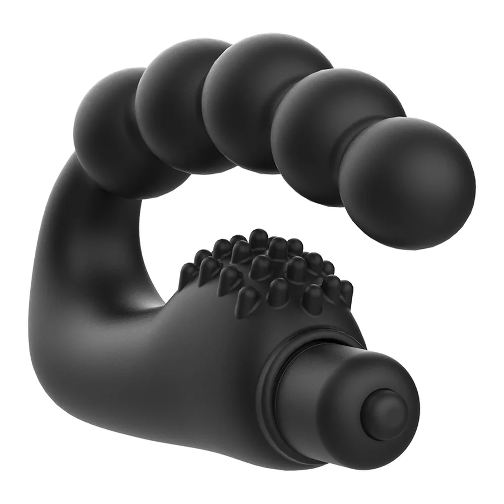 Masseur anal prostatique noir en silicone avec perles graduées en haut et bras texturé avec moteur vibrant en bas, sur fond blanc