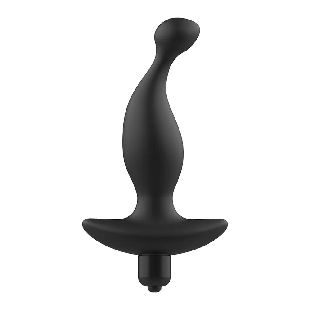 Stimulateur de prostate noir en silicone, forme incurvée avec perle arrondie en haut, pied en T aplati à la base, sur fond blanc