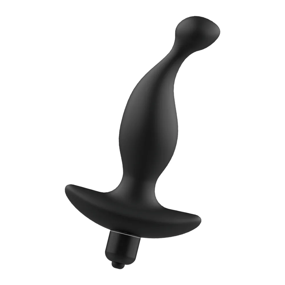Stimulateur de prostate noir en silicone, forme incurvée avec perle arrondie en haut, pied en T aplati à la base, sur fond blanc